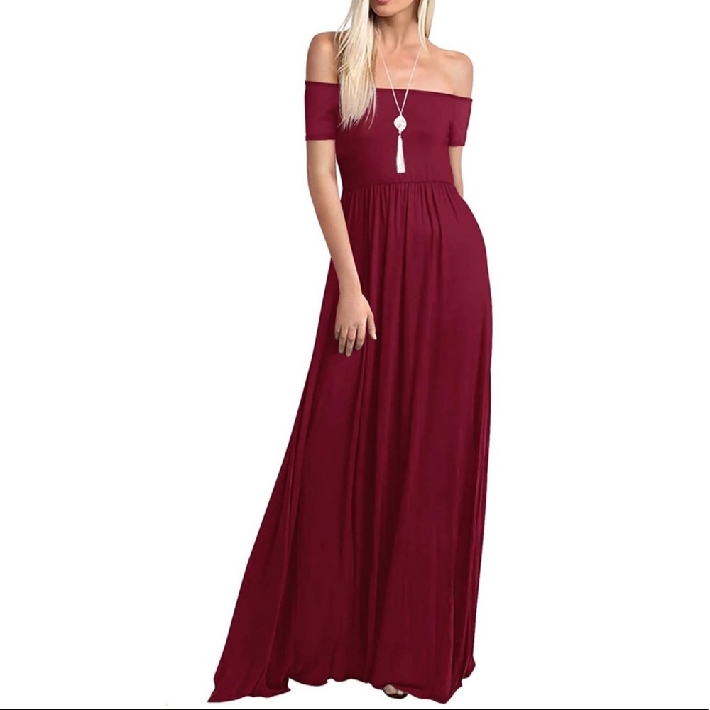 Amoretu Burgundy Off Shoulder Maxi Dress w/ Pockets Cotton Stretch Size S